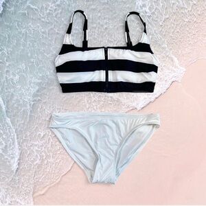 Michael Kors White Black Bikini Set Zipper Closure Sz S Full Coverage Striped